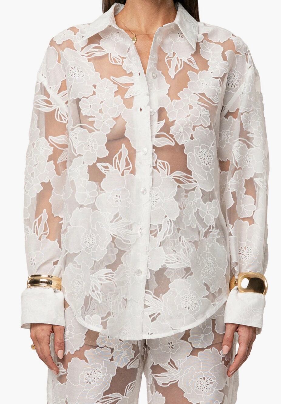 JLUXLABEL Embroidered Floral Cotton Blend Button Up Shirt Small White NWT